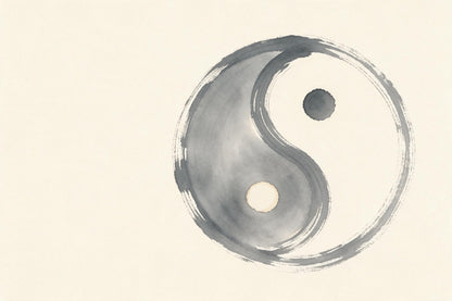 Yin Yang aus freien grauen Tuschepinselstrichen rechts auf hellem Creme, als Wandtuch, auf Stoff gedruckt – Grau und Beige