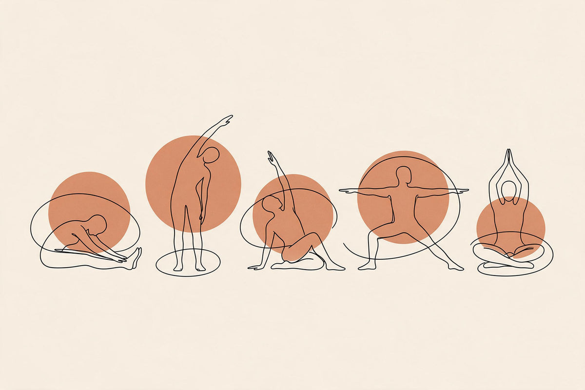Cinco posturas de yoga en line art fino ante círculos terracota, tapiz impreso en tela – crema y negro