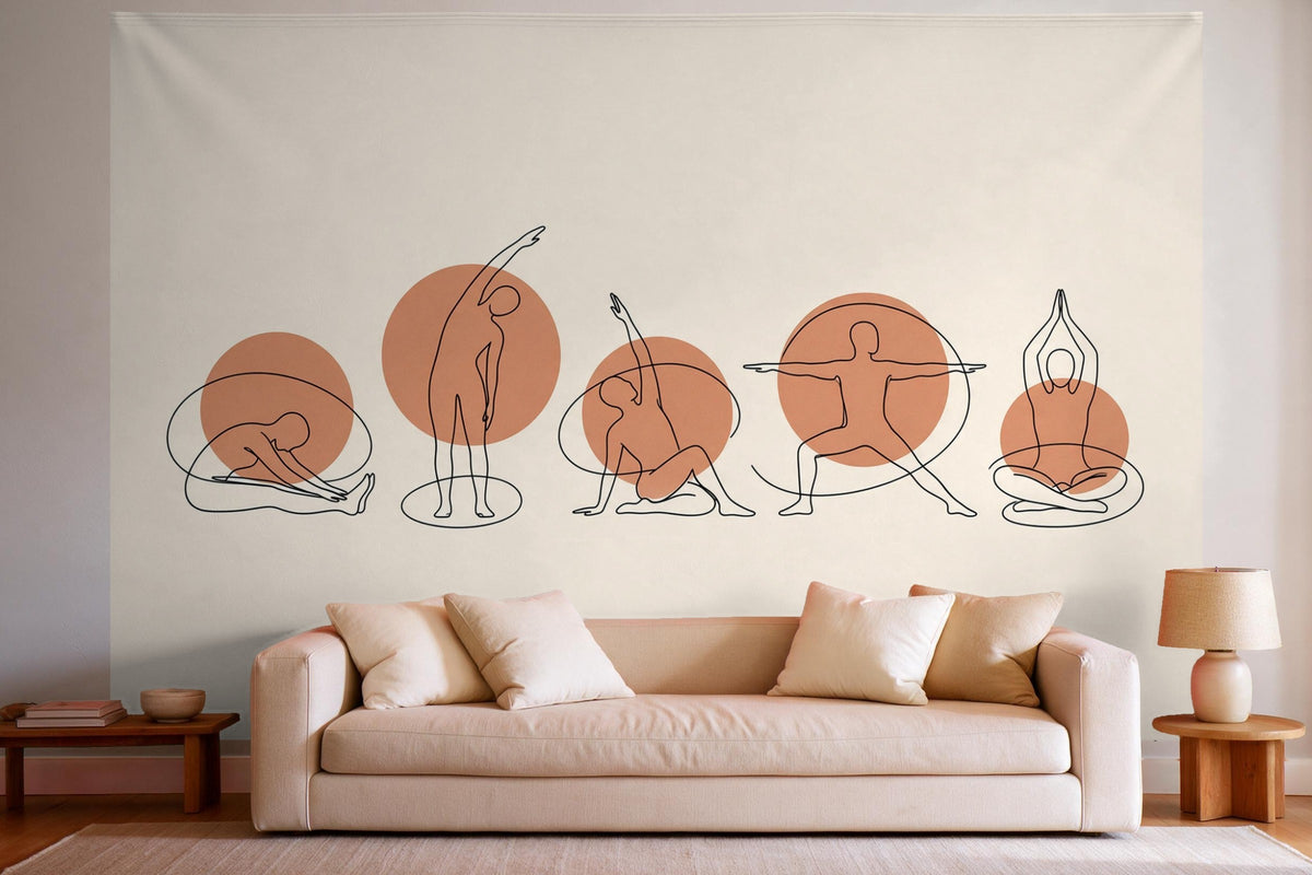 Decoración de pared en un salón luminoso sobre el sofá: tapiz de tela Posturas de yoga en line art