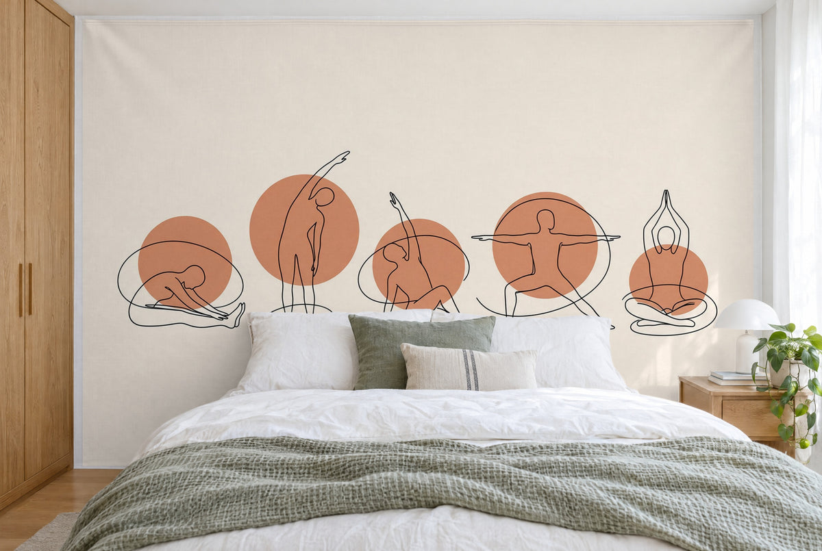 Tapiz de pared grande Posturas de yoga en line art en el dormitorio, cubriendo la pared detrás de la cama – tela impresa