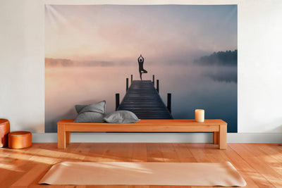 XXL wall tapestry Yoga Silhouette by the Lake as wall decor in a yoga room