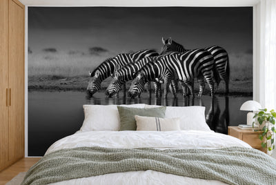 Grosses Wandtuch Zebras in Schwarz-Weiss im Schlafzimmer wandfüllend hinter dem Bett – Wandbehang aus Stoff