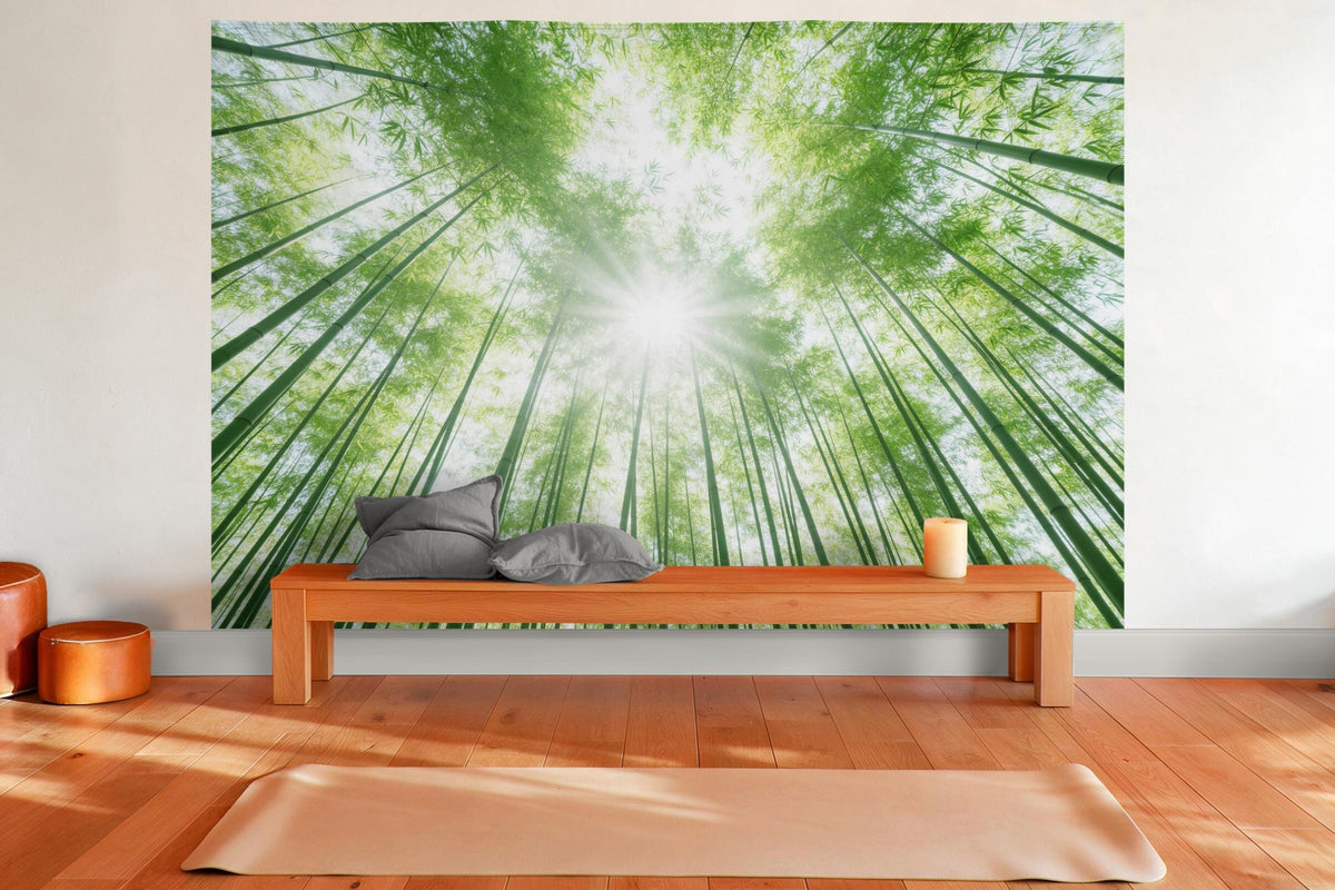 Tapiz de pared XXL Bosque de bambú desde abajo como decoración en una sala de yoga