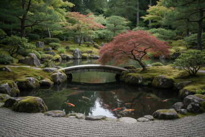 Jardin zen japonais, bassin à koïs, pont de pierre et érable rouge, tenture murale imprimée sur tissu – vert mousse et rouge