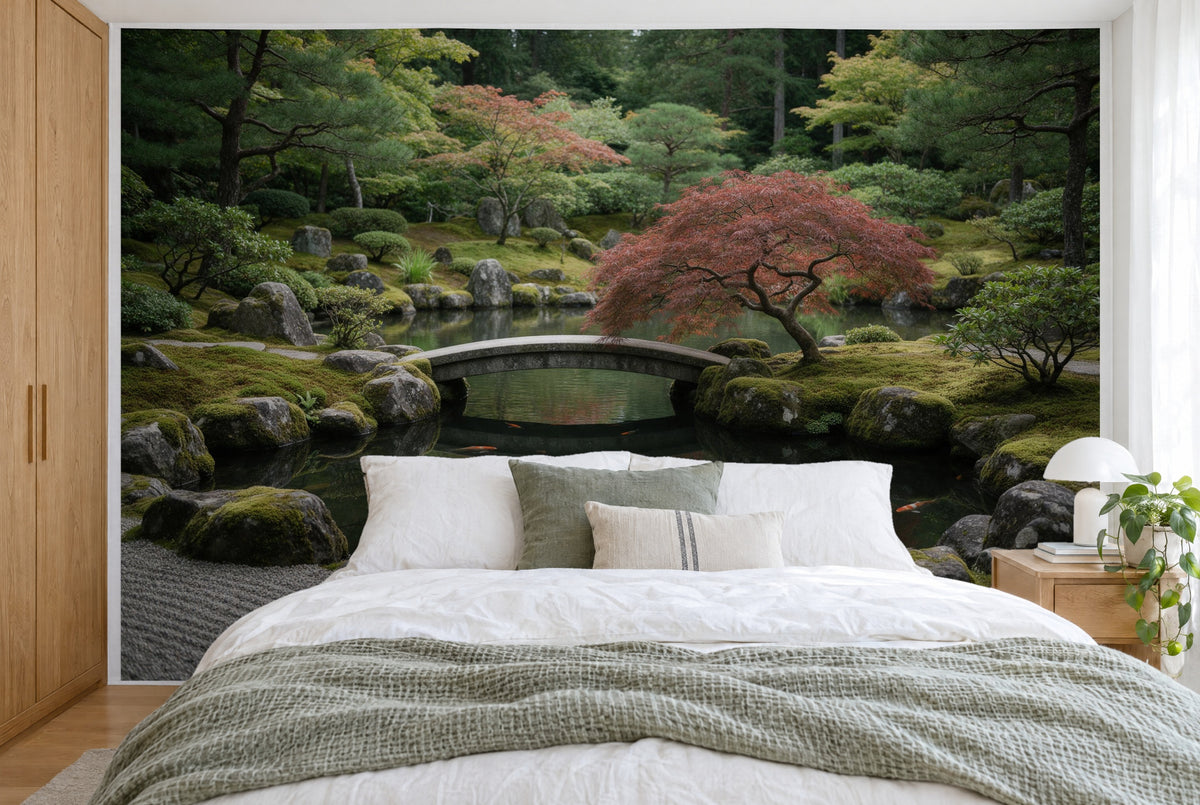 Grande tenture murale Jardin zen japonais dans la chambre, sur tout le mur derrière le lit – tapisserie en tissu