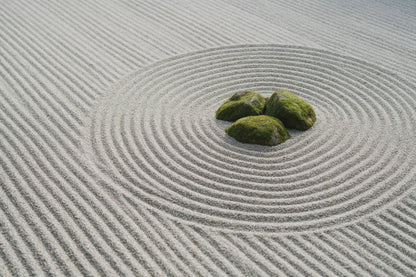 Zen garden with raked gravel and three mossy stones right of centre, tapestry printed on fabric – grey and green