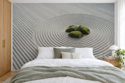 XXL printed fabric: three mossy stones right of centre in circles of light gravel, full wall behind the bed