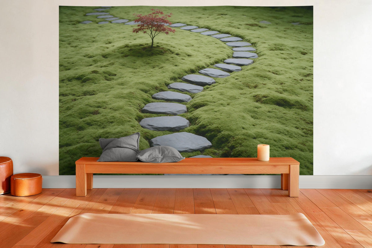 Tapiz de pared XXL Jardín zen de musgo con piedras como decoración en una sala de yoga