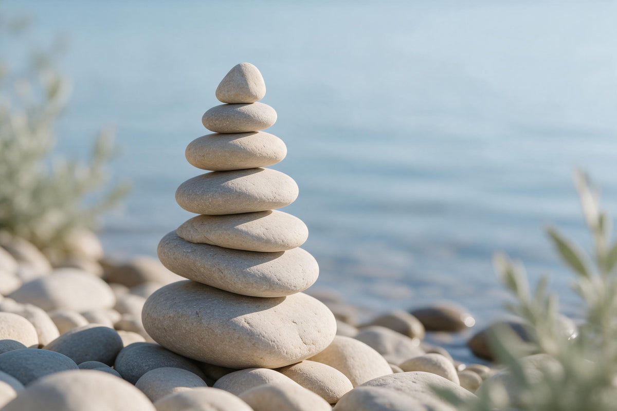 Zen stone cairn of seven pebbles at left on the shore before calm water, tapestry printed on fabric – beige and blue
