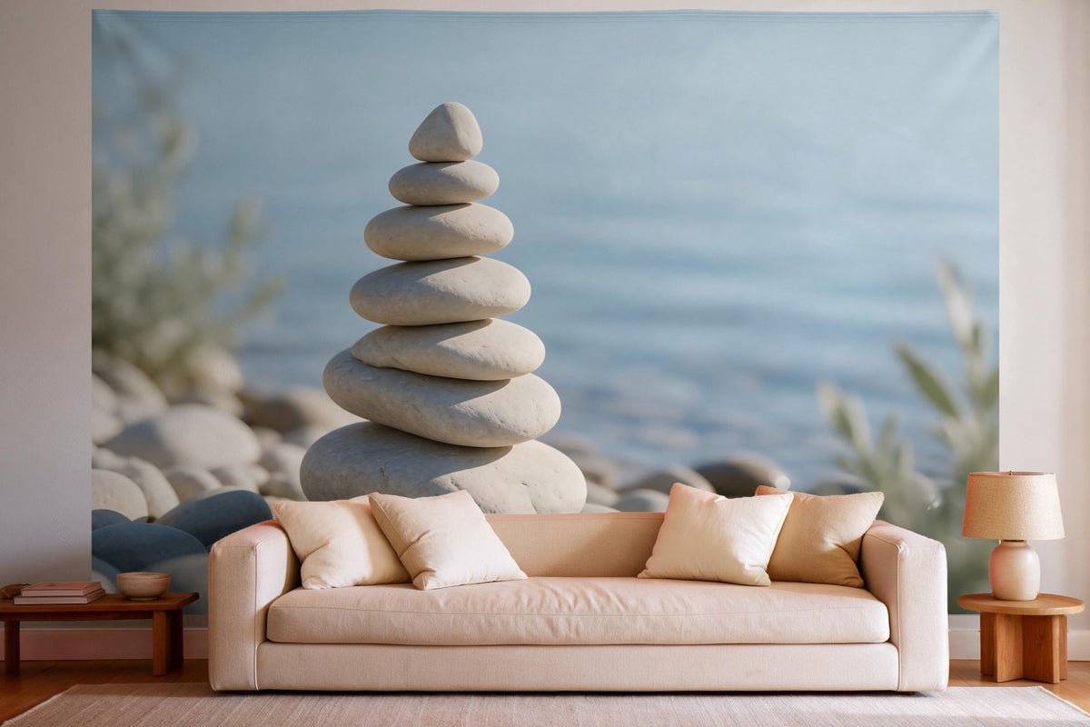 Wall decor in a bright living room above the sofa: printed fabric tapestry Zen Stone Cairn by the Water