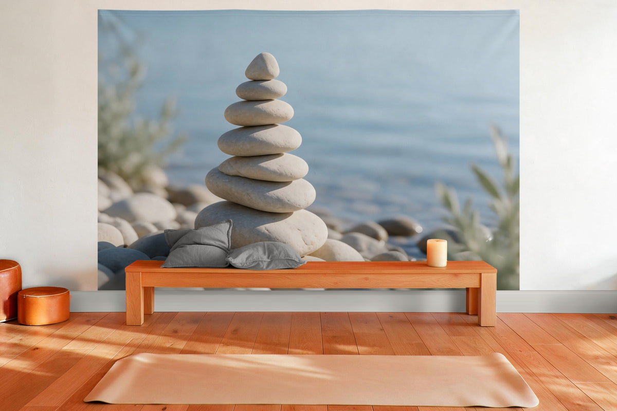 XXL wall tapestry Zen Stone Cairn by the Water as wall decor in a yoga room