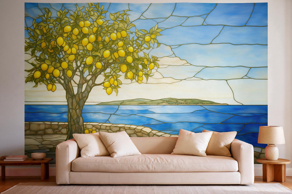 Wandtuch XXL Zitronenbaum als Glasmalerei als Wanddeko im hellen Wohnzimmer über dem Sofa