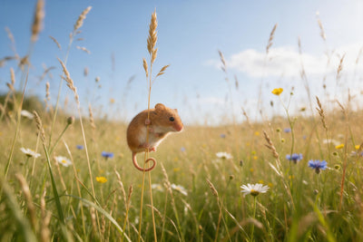 Zwergmaus am goldenen Grashalm links der Mitte in blühender Sommerwiese, als Wandtuch, auf Stoff gedruckt – Grün und Blau