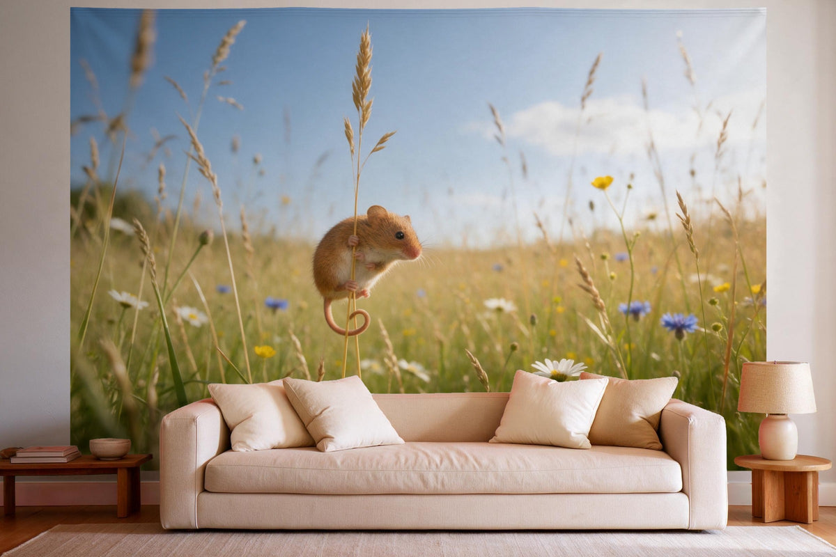XXL wall tapestry Harvest Mouse on a Grass Stalk as wall decor in a bright living room above the sofa