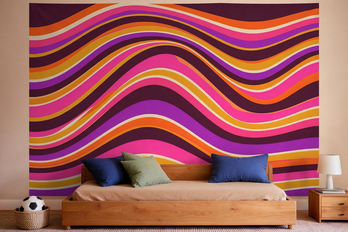 Wall decor in a boys' bedroom: printed fabric tapestry Groovy Retro Waves in 70s Style