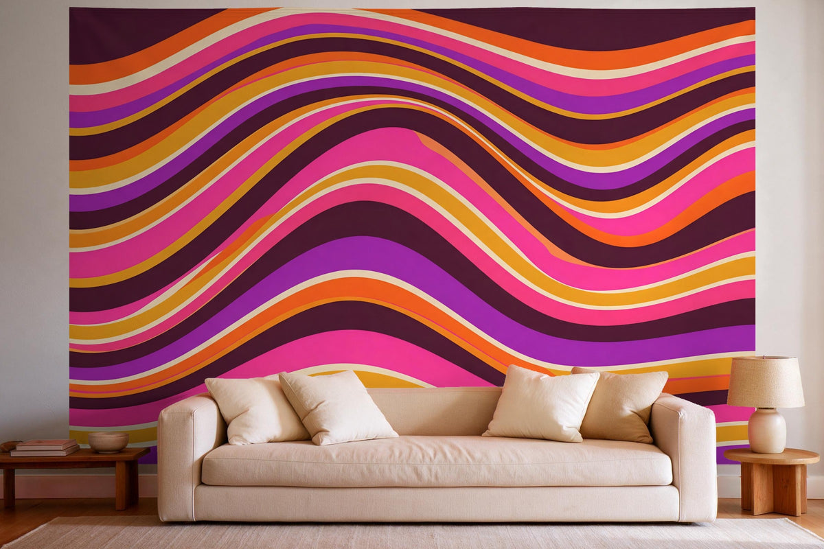 XXL wall tapestry Groovy Retro Waves in 70s Style as wall decor in a bright living room above the sofa
