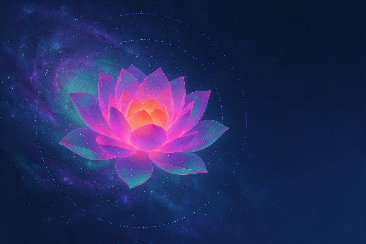 Leuchtende Lotusblüte mit orangem Kern vor violetter Galaxie, als Wandtuch, auf Stoff gedruckt – Magenta und Türkis