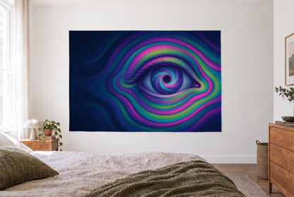Tenture murale œil cosmique psychédélique dans une chambre claire face au lit, commode en bois à droite – violet