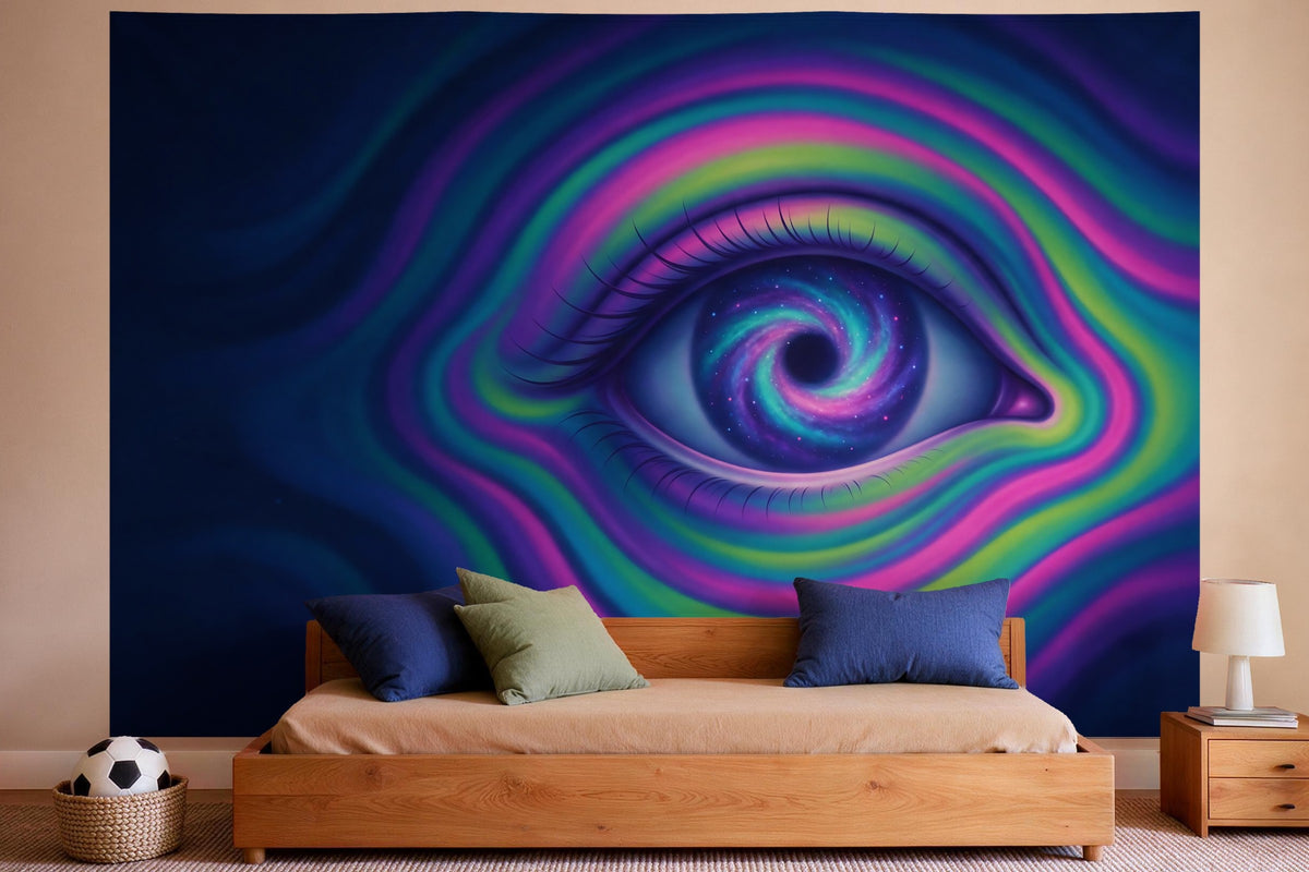 Wanddeko im Jungen-Kinderzimmer: Wandtuch Kosmisches Auge im Psychedelic-Stil, auf Stoff gedruckt