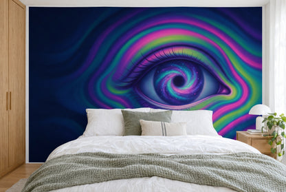 Tissu imprimé XXL : œil à l'iris galaxie à droite du centre dans des anneaux néon ondulés, sur tout le mur derrière le lit