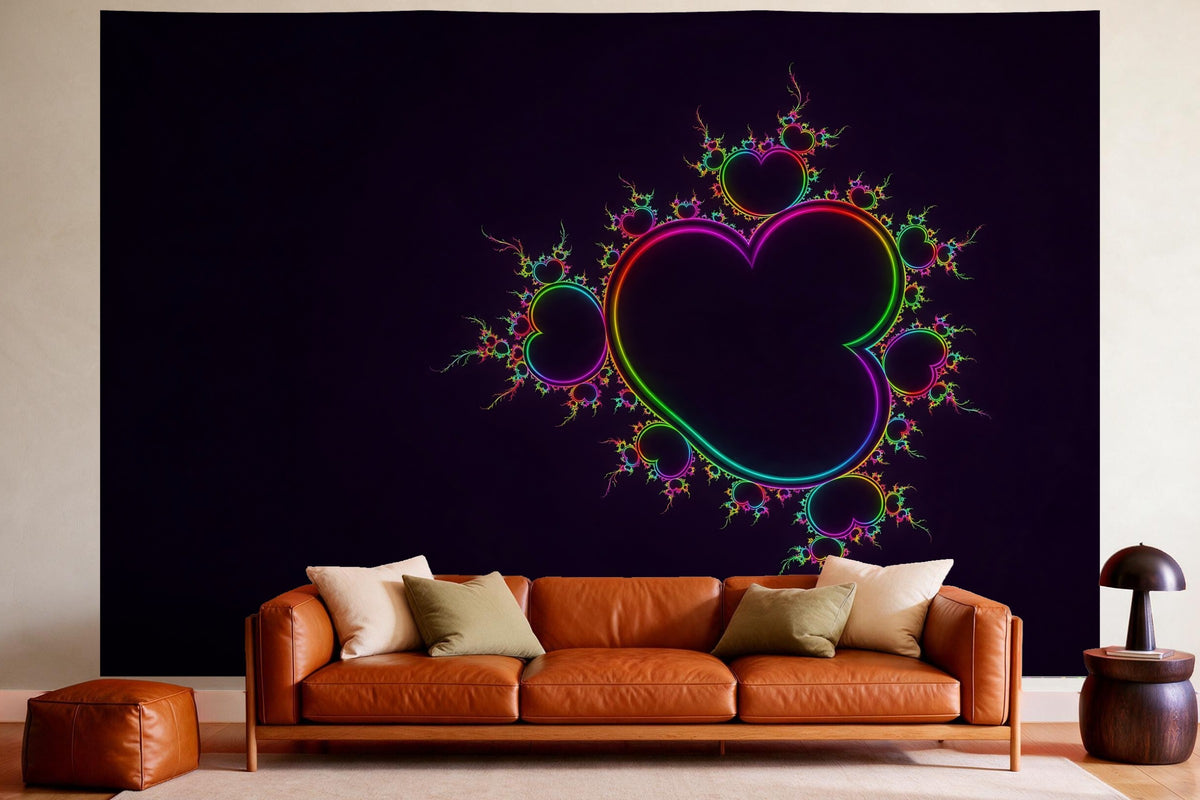 Wanddeko im gemütlichen Wohnzimmer über dem Ledersofa: Wandtuch Neon-Fraktal in Regenbogenfarben, auf Stoff gedruckt