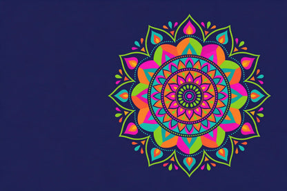 Neon-Mandala aus Blütenblättern und Punktringen auf Nachtblau, als Wandtuch, auf Stoff gedruckt – Rosa und Türkis