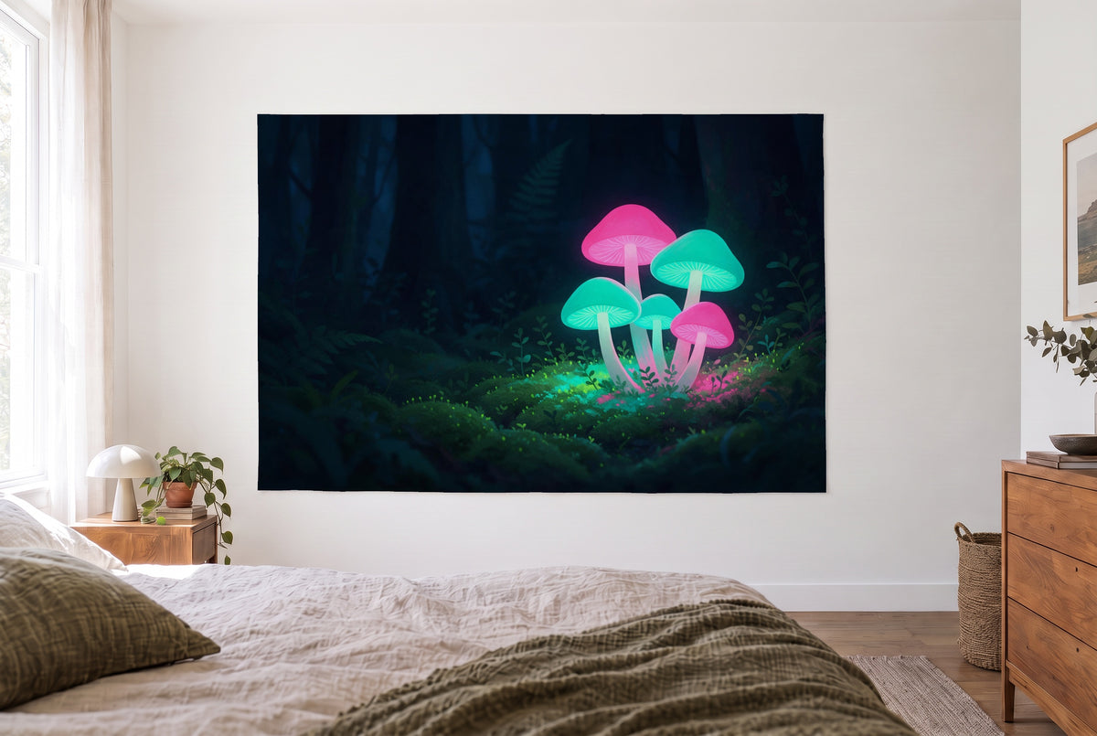 Neon mushroom forest tapestry in the bright bedroom opposite the bed, wooden dresser at right – turquoise and pink