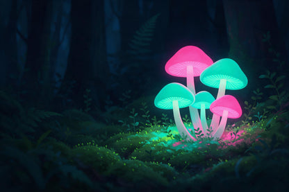 Five neon mushrooms in turquoise and pink at right on mossy ground in a fairy-tale forest, tapestry printed on fabric