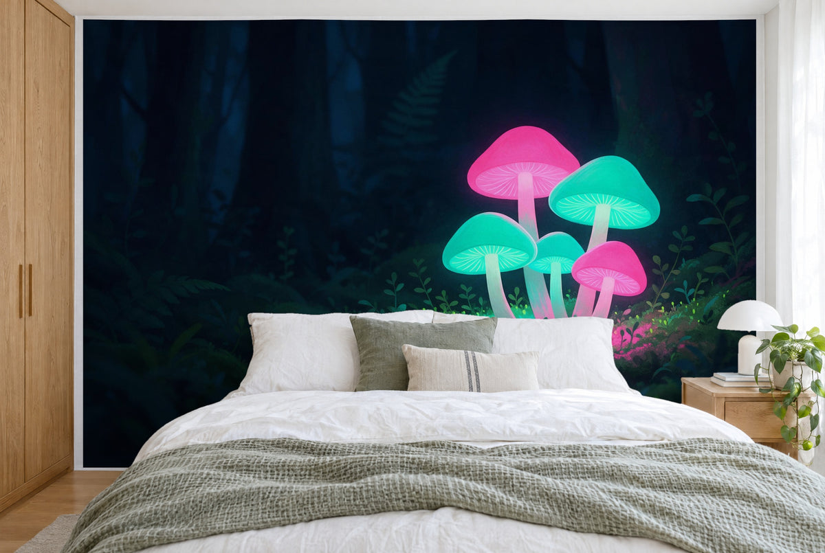 XXL printed fabric: five neon mushrooms in turquoise and pink at right in a dark fairy-tale forest, full wall behind the bed