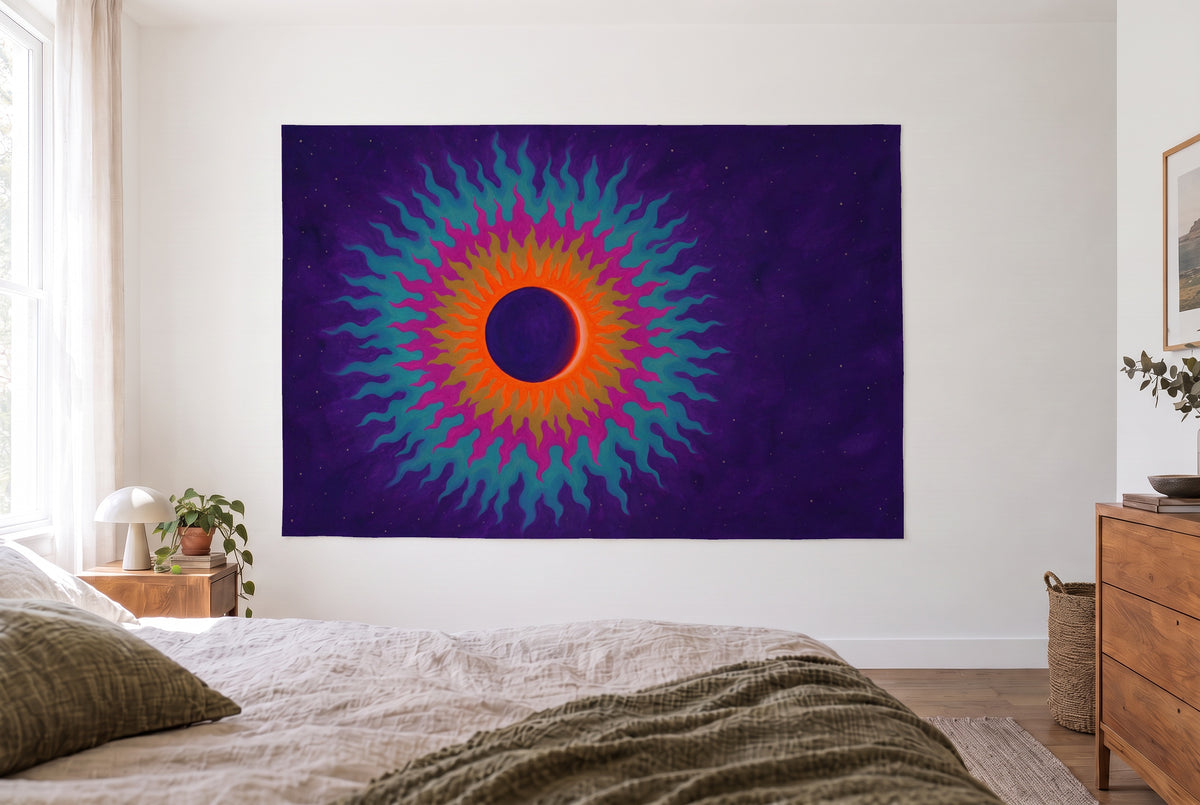 Solar eclipse in the cosmos tapestry in the bright bedroom opposite the bed, wooden dresser at right – orange and violet