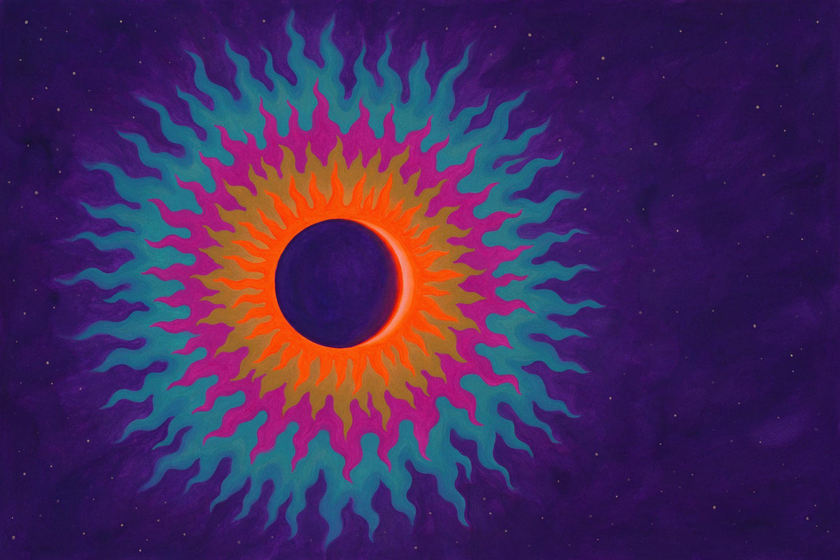 Solar eclipse with wavy rings of rays at left on a violet sky, tapestry printed on fabric – orange and turquoise