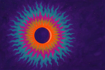 Eclipse solar con anillos de rayos ondulados a la izquierda sobre cielo violeta, tapiz impreso en tela – naranja y turquesa