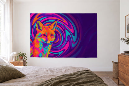 Wandtuch Trippy Fuchs im Farbstrudel im hellen Schlafzimmer gegenüber dem Bett, rechts eine Holzkommode – Orange und Violett