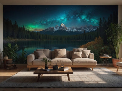 Wandtuch Bergsee mit Nordlicht und Milchstrasse im Wohnzimmer über dem beigen Sofa – dunkle Grün- und Blautöne