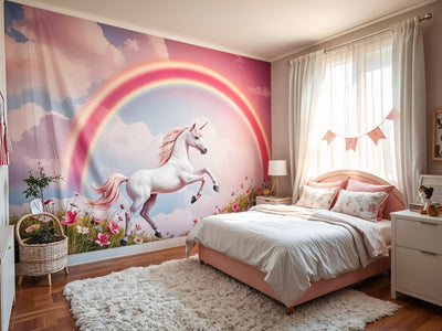 Wandtuch Einhorn unter Regenbogen im Mädchenzimmer über dem rosa Bett – Blumenwiese, Wolken und flauschiger Teppich