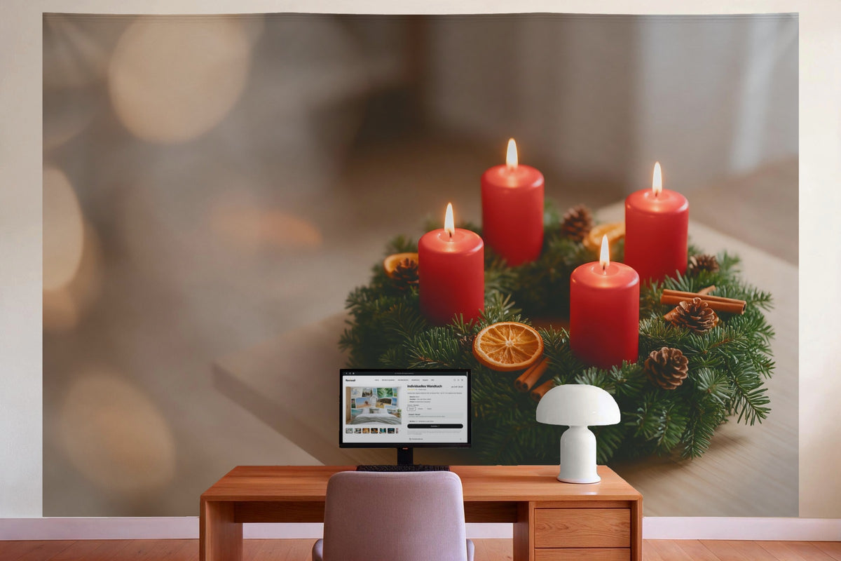 Wall decor in a home office behind the desk: printed fabric tapestry Advent Wreath with Four Red Candles