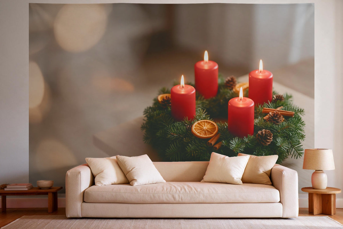 XXL wall tapestry Advent Wreath with Four Red Candles as wall decor in a bright living room above the sofa