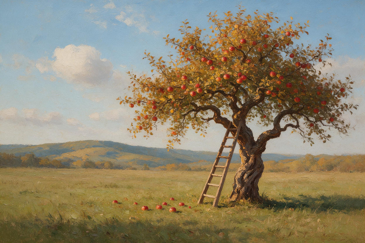 Alter Apfelbaum voller roter Äpfel rechts auf der Herbstwiese mit Holzleiter, als Wandtuch, auf Stoff gedruckt – Rot und Grün