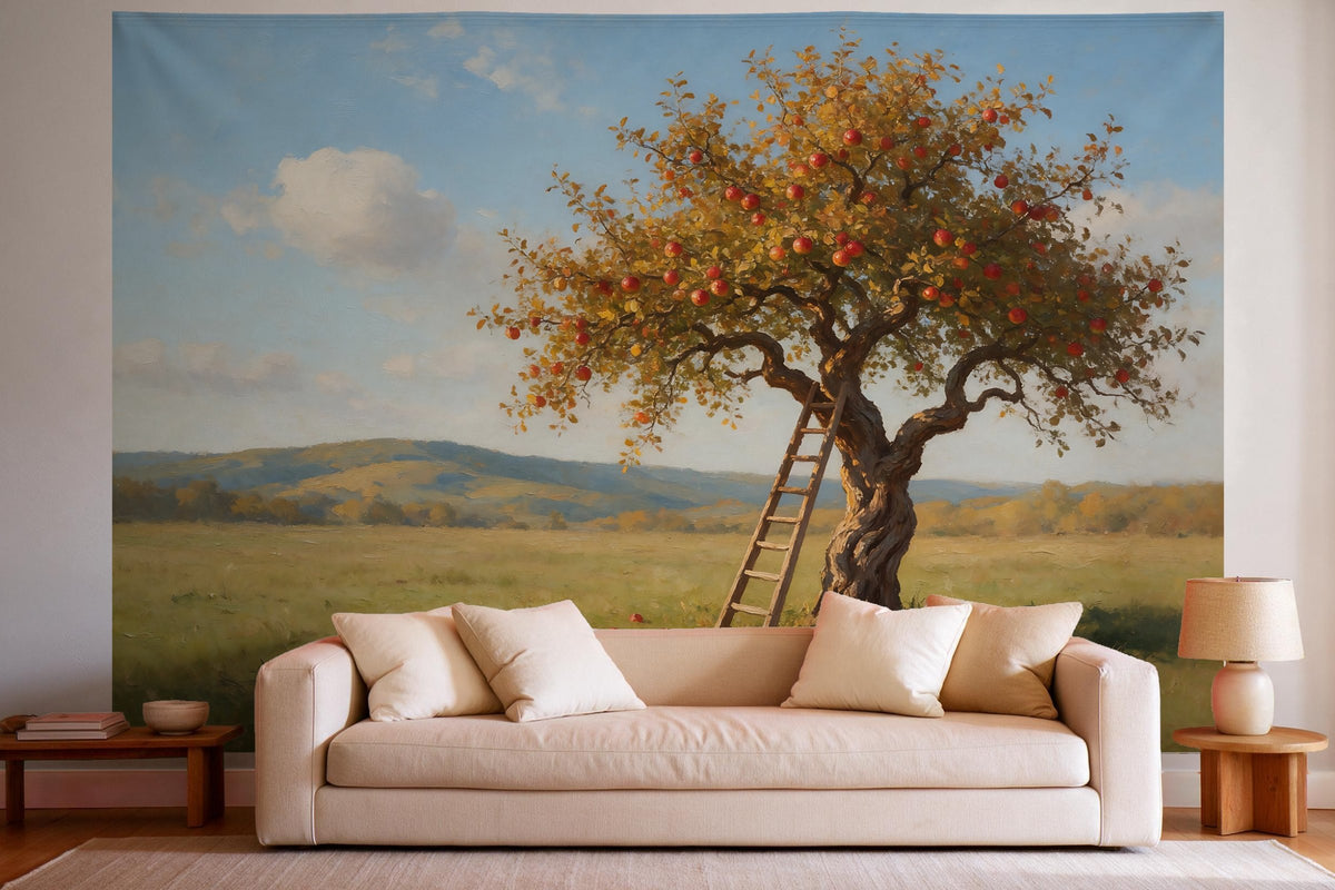 Wandtuch XXL Apfelbaum voller Äpfel im Herbst als Wanddeko im hellen Wohnzimmer über dem Sofa