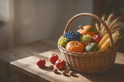 Erntedank-Korb mit Kürbissen, Trauben und Mais rechts auf rustikalem Holztisch, als Wandtuch, auf Stoff gedruckt – Orange