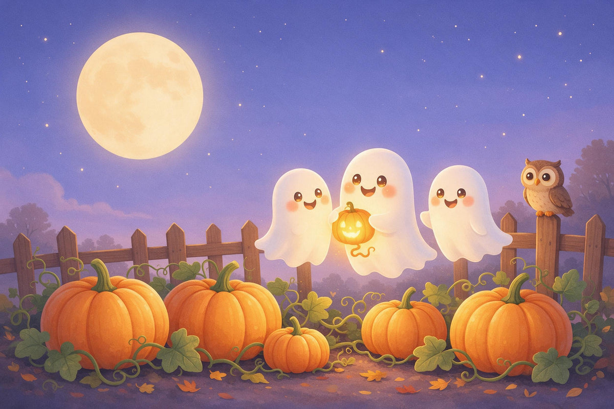 Halloween-Gespenster mit Kürbislaterne über fünf Kürbissen bei Vollmond, als Wandtuch, auf Stoff gedruckt – Violett, Orange