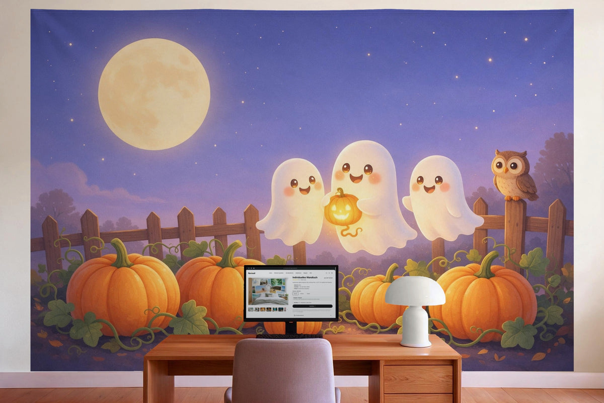 Wanddeko im Büro hinter dem Schreibtisch: Wandtuch Halloween-Gespenster im Kürbisbeet, auf Stoff gedruckt