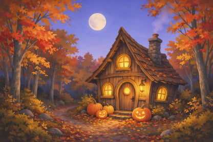 Halloween-Hexenhaus mit Kürbislaternen im Herbstwald, als Wandtuch, auf Stoff gedruckt – Orange und Violett