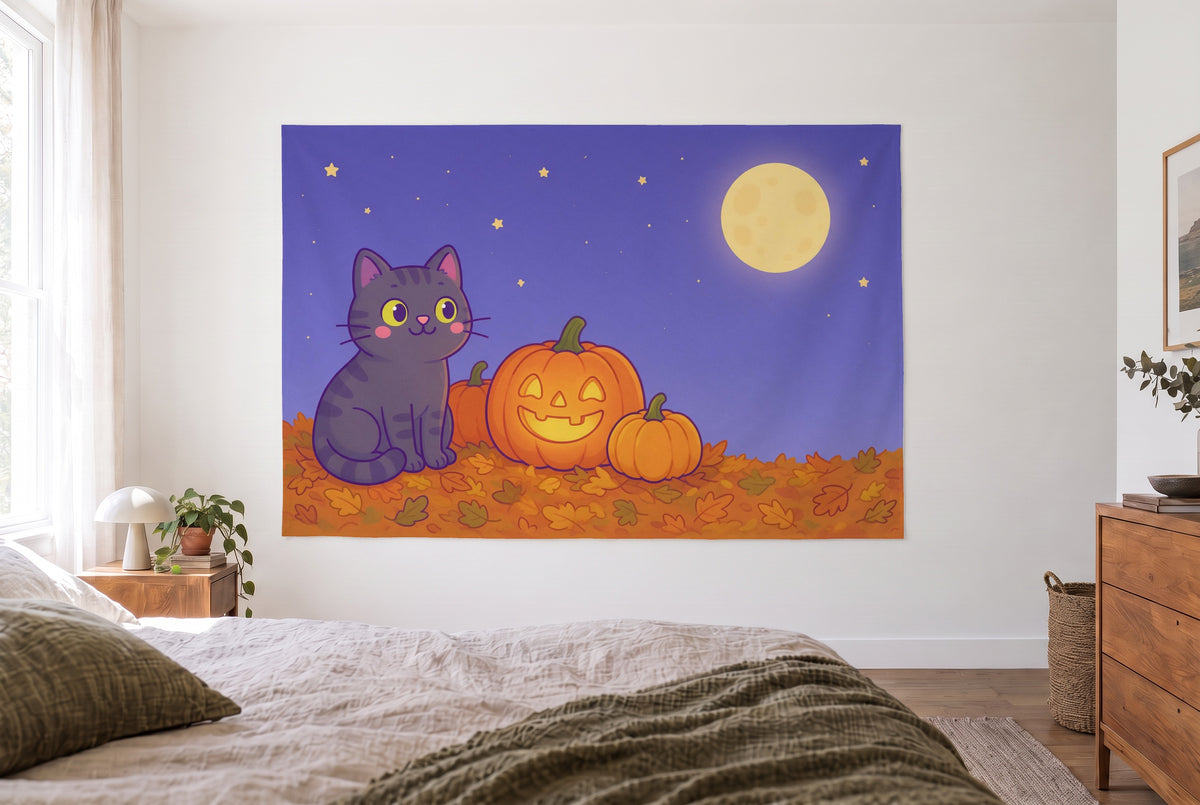 Wandtuch Halloween-Katze mit Kürbislaterne im hellen Schlafzimmer gegenüber dem Bett, rechts eine Holzkommode – Violett