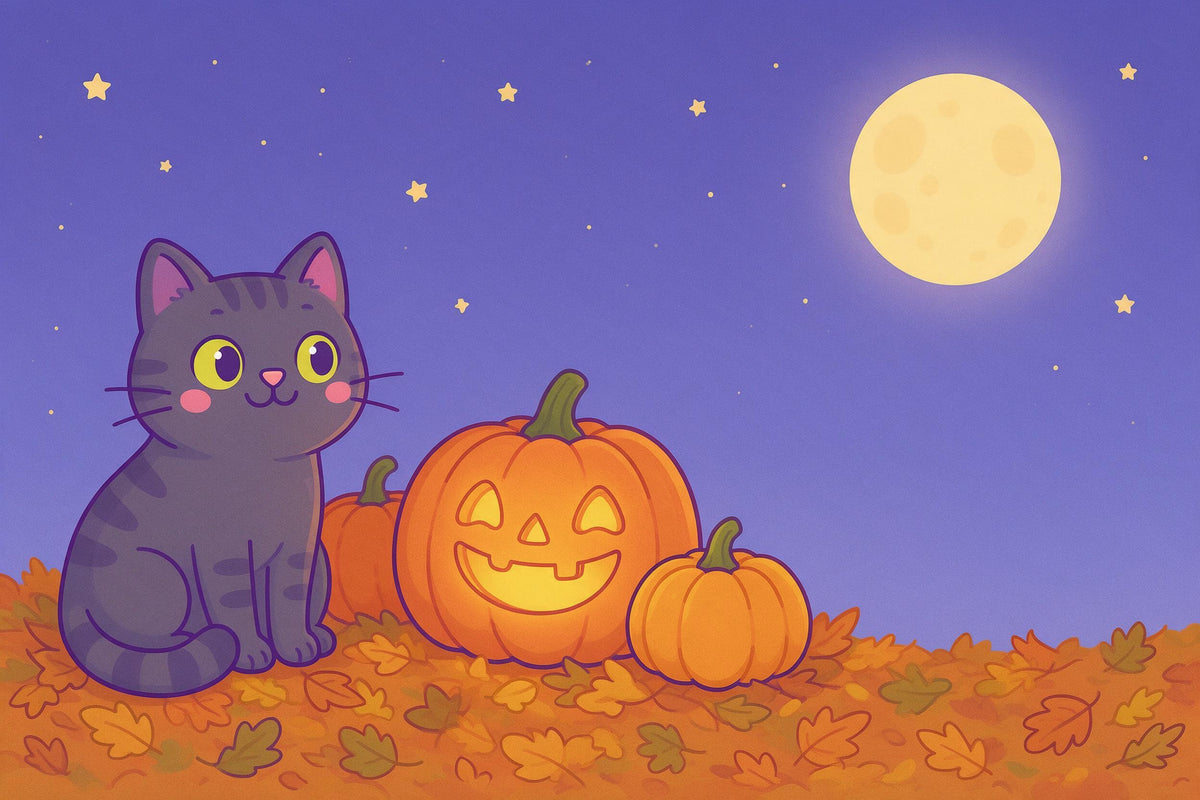 Graue Katze neben lächelnder Halloween-Kürbislaterne im Herbstlaub bei Mondschein, als Wandtuch, auf Stoff gedruckt – Orange