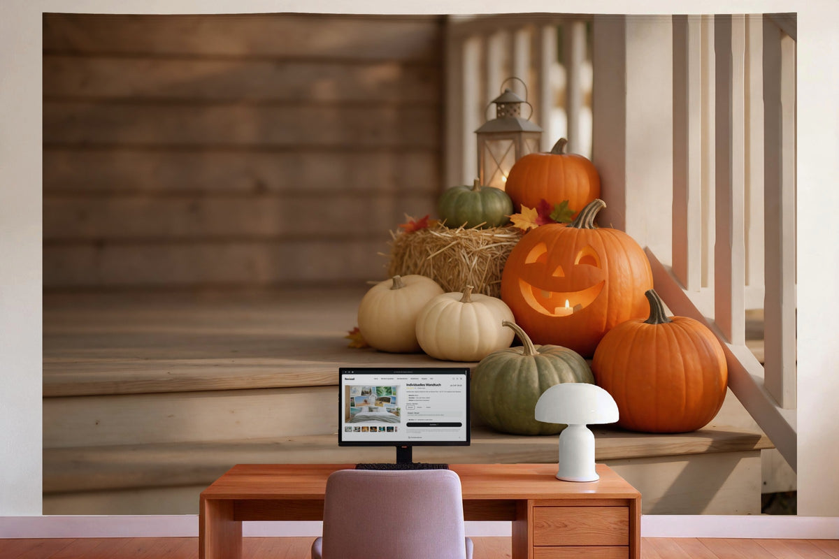 Wanddeko im Büro hinter dem Schreibtisch: Wandtuch Halloween-Kürbisse auf der Holzveranda, auf Stoff gedruckt
