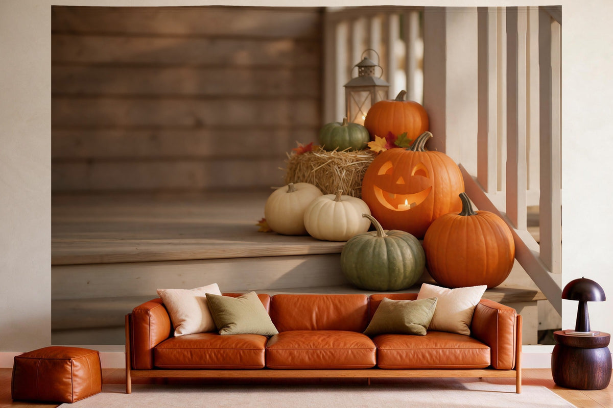 XXL wall tapestry Halloween Pumpkins on the Wooden Porch as wall decor in a cosy living room above the leather sofa