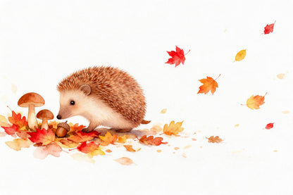 Junger Igel zwischen roten und gelben Herbstblättern links, mit zwei Pilzen, als Wandtuch, auf Stoff gedruckt – Orange
