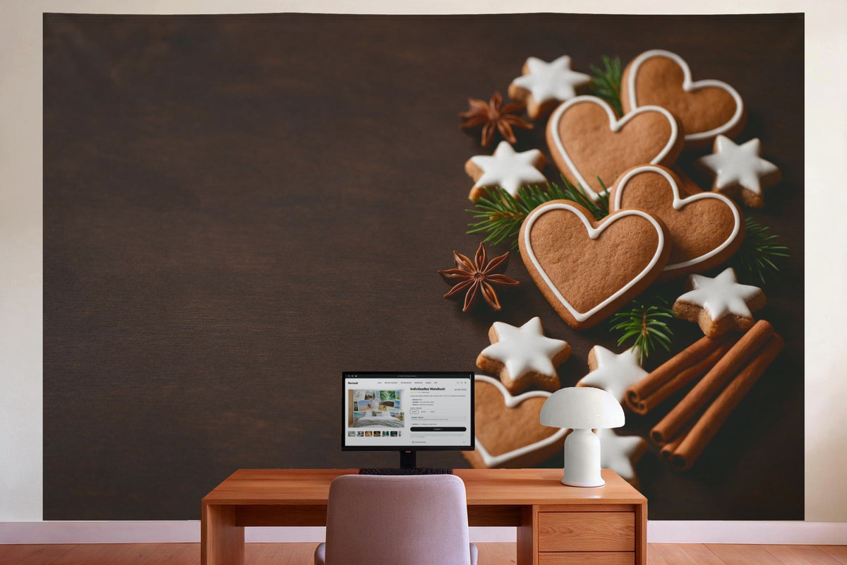 Wall decor in a home office behind the desk: printed fabric tapestry Gingerbread and Cinnamon Stars at Christmas Time