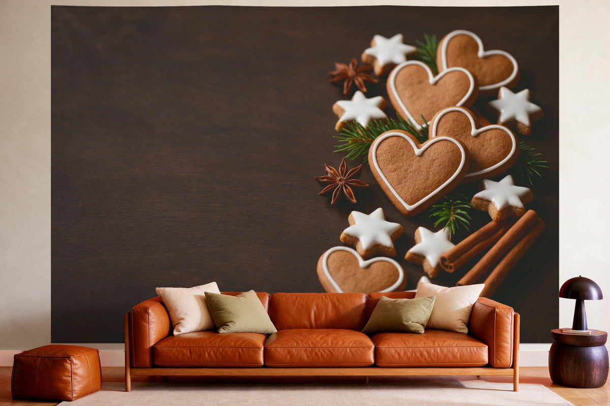 XXL wall tapestry Gingerbread and Cinnamon Stars at Christmas Time as wall decor in a cosy living room above the leather sofa